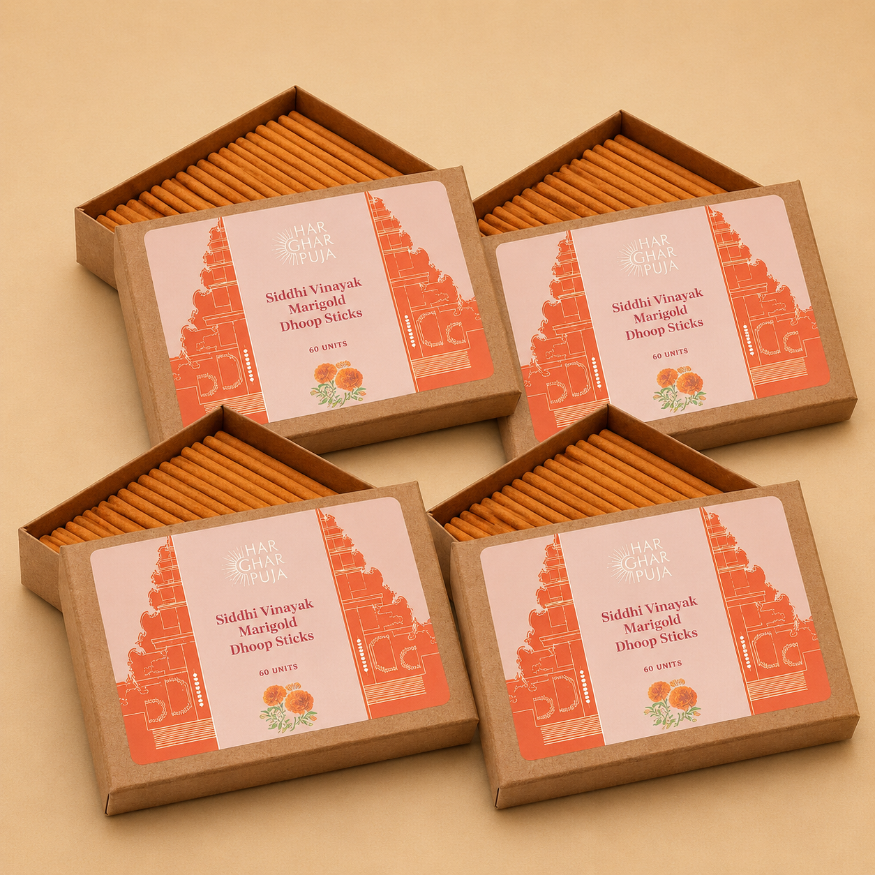 Har Ghar Puja Siddhi Vinayak Marigold Dhoop Sticks (Set of 4)